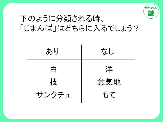 ありなし謎解き　中途半端な言葉がカギになる？ありなしの分類分けの法則を見抜け！