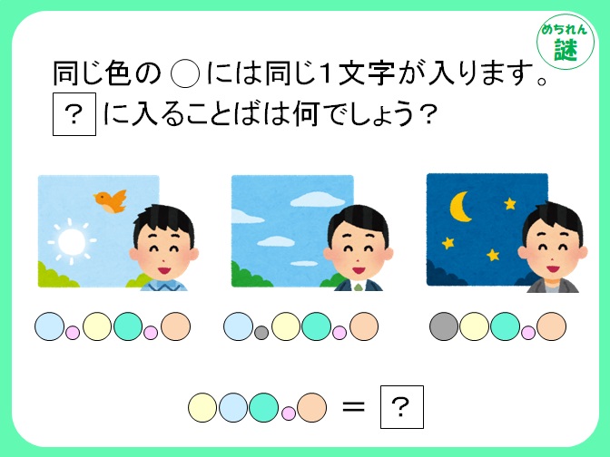 イラスト謎解き　時間帯によって違うものの言い方とは？丸の大小に気を付けて単語を完成させよう！