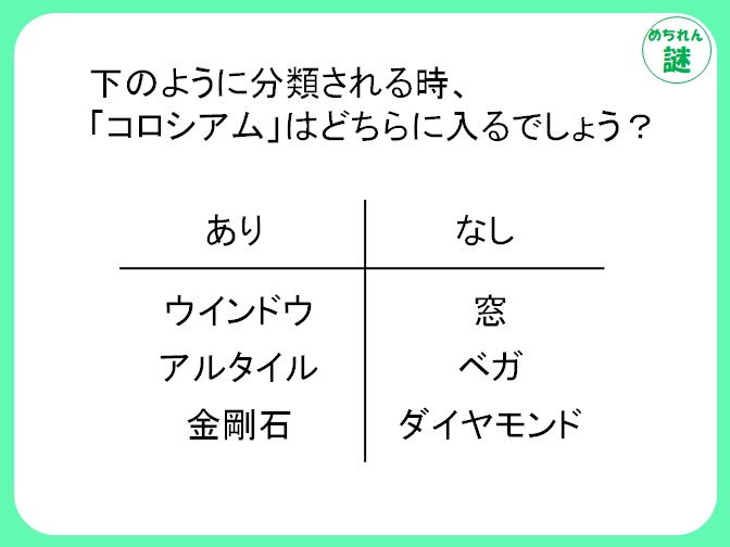 ありなし謎解き　「あり」に共通する事項を見つけて、ありなし謎を解き明かそう！